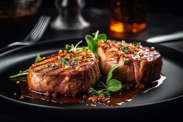 Ein Teller Steak mit Soße und Kräutern darauf