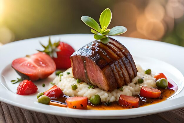 ein Teller Steaks mit Erdbeeren und Erdbeeren