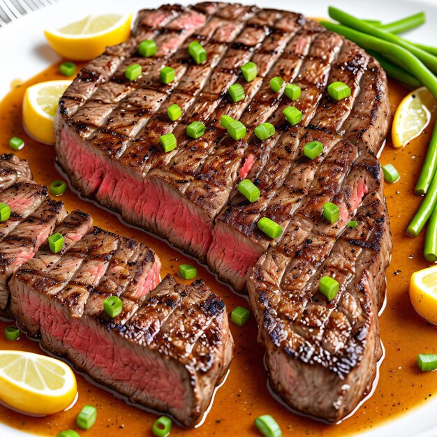 Ein Teller Steaks mit Frühlingszwiebeln und grünen Bohnen.