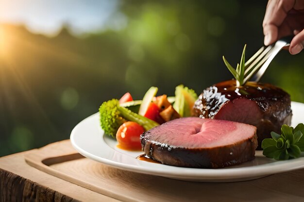 Foto ein teller steaks mit gemüse und ein teller essen auf einem tisch.