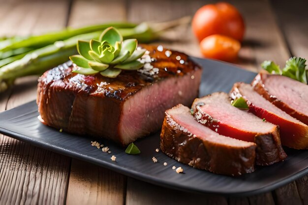 Foto ein teller steaks mit gemüse und einer tomate darauf.