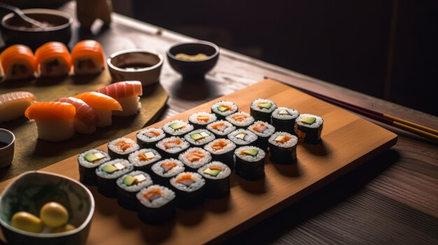 Ein Teller Sushi auf einem Holztisch