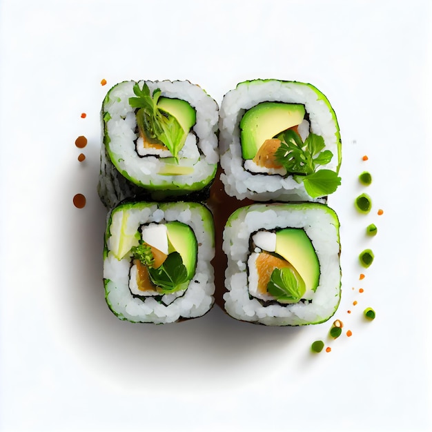 Ein Teller Sushi mit Avocado und Avocado darauf