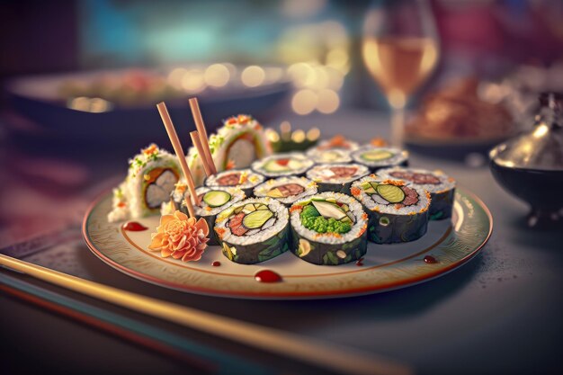 Ein Teller Sushi mit einem Glas Wein im Hintergrund