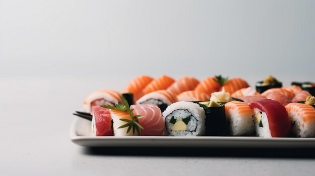 Ein Teller Sushi mit Lachs darauf