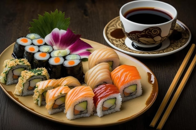 Ein Teller Sushi und eine Tasse Kaffee