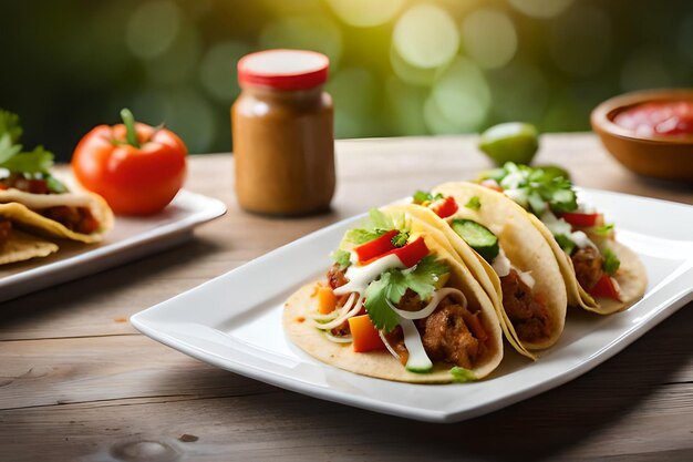 Ein Teller Tacos mit einem Glas Erdnussbutter als Beilage.