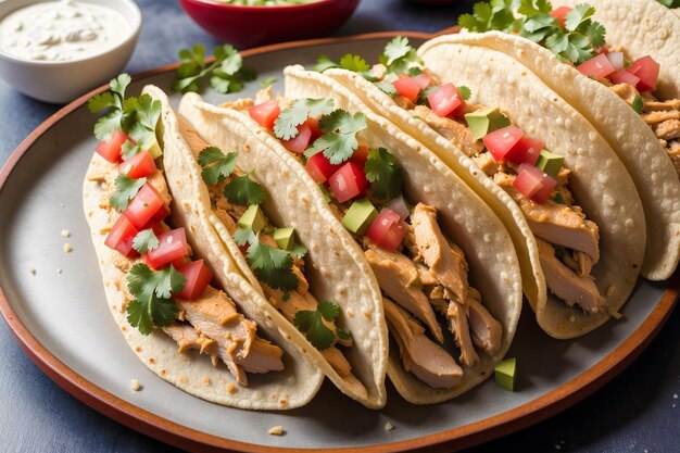 Ein Teller Tacos mit einem Hühnchen-Taco darauf