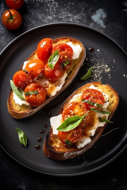 Ein Teller Toast mit Tomaten und Basilikum