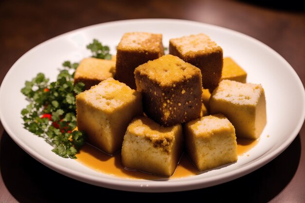 Ein Teller Tofu mit einem Teller grüner Kräuter als Beilage.