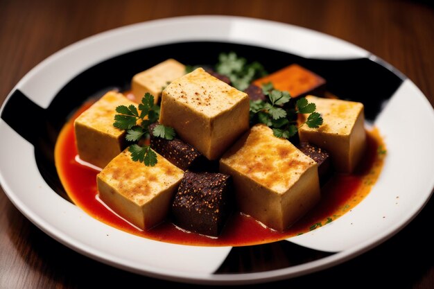 Ein Teller Tofu mit roter Soße darauf