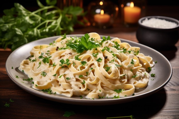 ein Teller vegane Fettuccine Alfredo