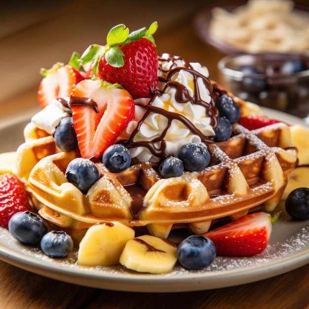 Ein Teller Waffeln mit frischem Obst und Schokoladenstückchen