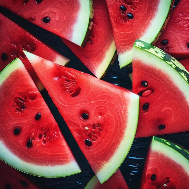 Ein Teller Wassermelone mit schwarzen Kernen und Brombeeren.