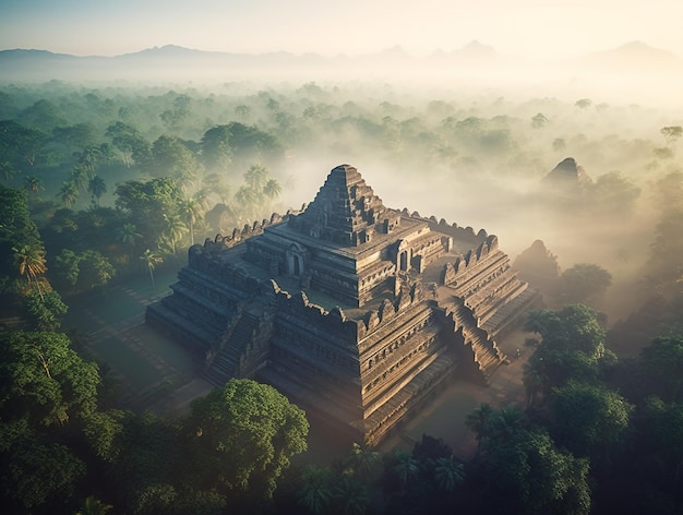 Ein Tempel im Dschungel mit nebligem Himmel