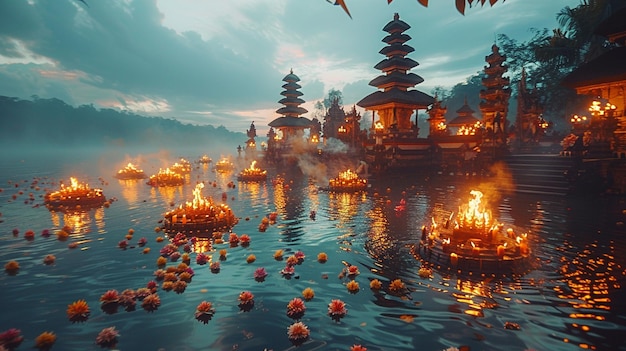ein Tempel im Wasser mit schwimmenden Kerzen und schwebenden Kerzen