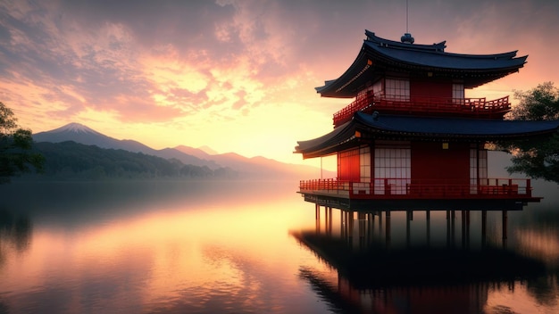 Ein Tempel in den Bergen bei Sonnenuntergang