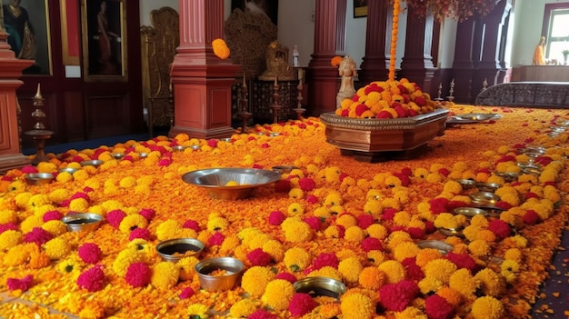 Ein Tempel mit Blumen und einer Blumenschale auf dem Boden