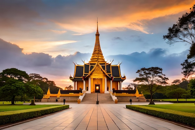 ein Tempel mit einem Sonnenuntergang dahinter