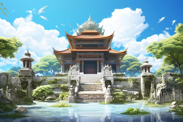 Ein Tempel mit einem Tempel im Hintergrund.