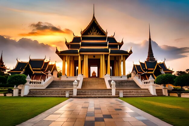 ein Tempel mit Sonnenuntergang im Hintergrund