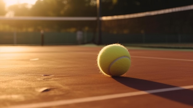 Ein Tennisball auf einem Tennisplatz mit einem Netz im Hintergrund.