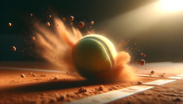 Ein Tennisball trifft auf einen Lehmplatz und löst eine Staubwolke in warmem goldenem Licht auf