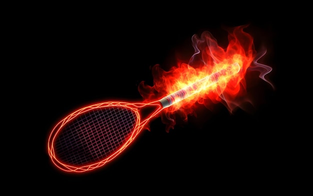 Ein Tennisschläger brennt mit einer Flamme darauf.