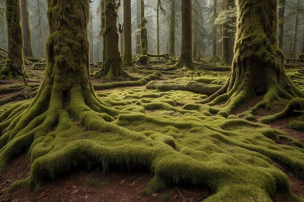 Ein Teppich aus zartem Moos erweicht den Waldboden unter alten Bäumen