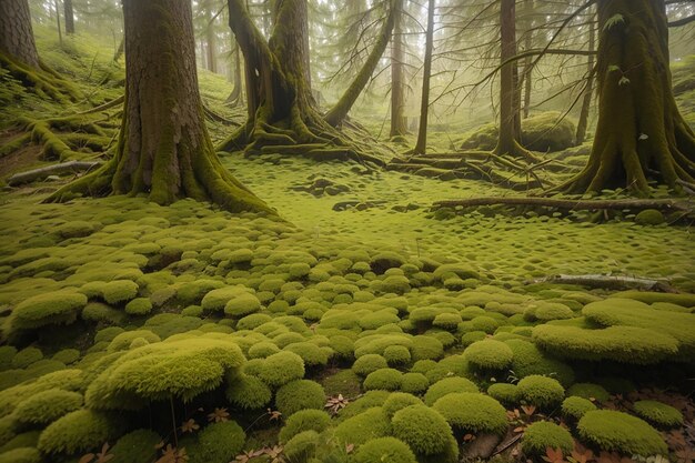 Ein Teppich aus zartem Moos erweicht den Waldboden unter alten Bäumen