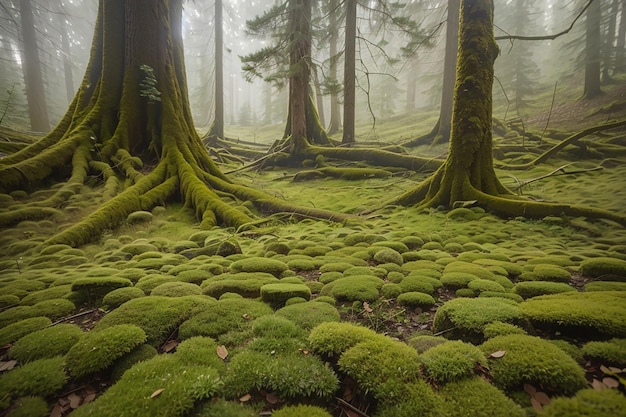 Ein Teppich aus zartem Moos erweicht den Waldboden unter alten Bäumen