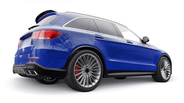 Ein teurer ultraschneller Sport-SUV für aufregendes Fahren in der Stadt auf der Autobahn und auf der Rennstrecke 3D-Modell eines blauen Autos auf weißem, isoliertem Hintergrund 3D-Rendering