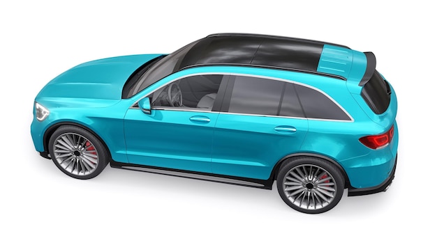 Ein teurer ultraschneller Sport-SUV für aufregendes Fahren in der Stadt auf der Autobahn und auf der Rennstrecke 3D-Modell eines blauen Autos auf weißem, isoliertem Hintergrund 3D-Rendering