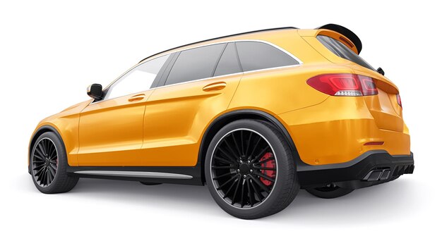 Ein teurer ultraschneller Sport-SUV für aufregendes Fahren in der Stadt auf der Autobahn und auf der Rennstrecke 3D-Modell eines orangefarbenen Autos auf weißem, isoliertem Hintergrund 3D-Rendering