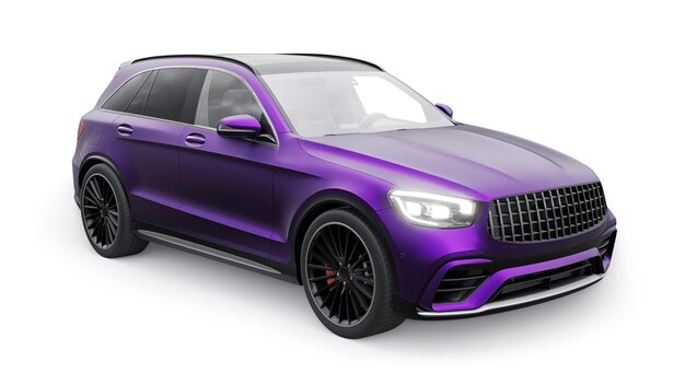 Ein teurer ultraschneller Sport-SUV für aufregendes Fahren in der Stadt auf der Autobahn und auf der Rennstrecke 3D-Modell eines violetten Autos auf weißem, isoliertem Hintergrund 3D-Rendering