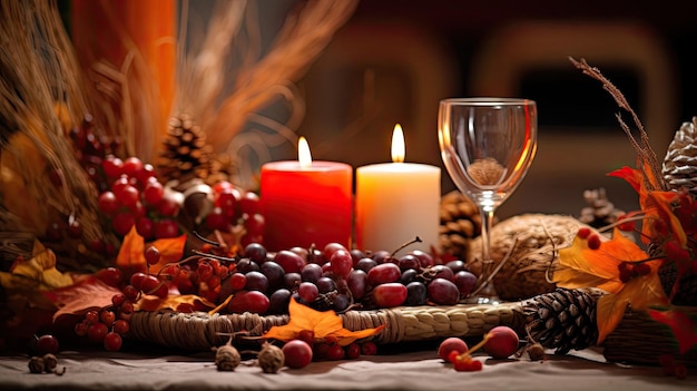 ein Thanksgiving-Mittelstück, geschmückt mit Herbstblättern und Kerzen, die Segen und Dankbarkeit symbolisieren