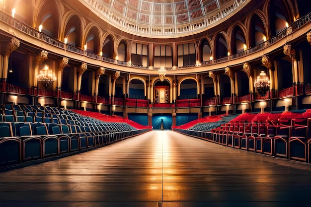 Foto ein theater mit einem blau-roten vorhang, auf dem steht 