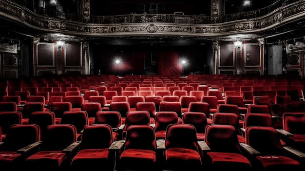 Ein Theater mit einem roten Stuhl und einem Schild mit der Aufschrift "das Wort Kino"