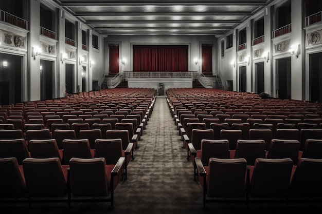 Ein Theater mit einem roten Vorhang und einem roten Vorhang.