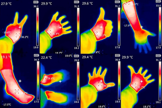 Ein thermografisches Bild der Hand einer Person, die verschiedene Temperaturen in verschiedenen Farben von bl zeigt