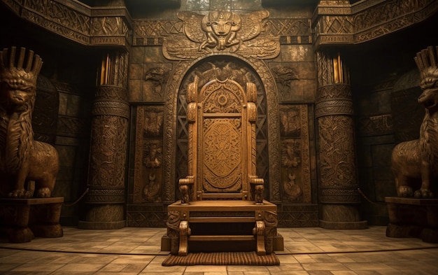 Ein Thron in einem dunklen Raum mit einer großen Tür und einem großen Schild darauf.