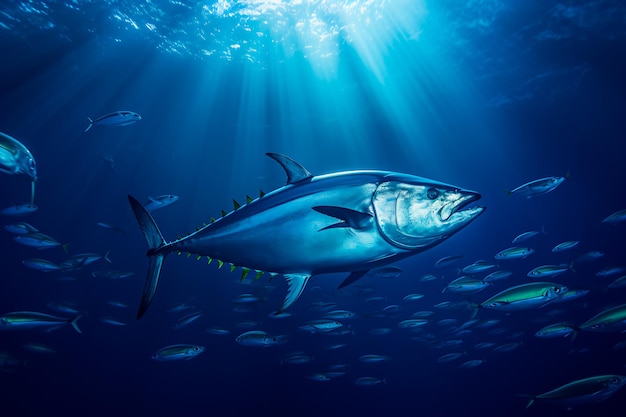 Ein Thunfisch in der Mitte eines dunklen Ozeans. Thunfisch in einem großen Ozean, der von der KI erzeugt wurde