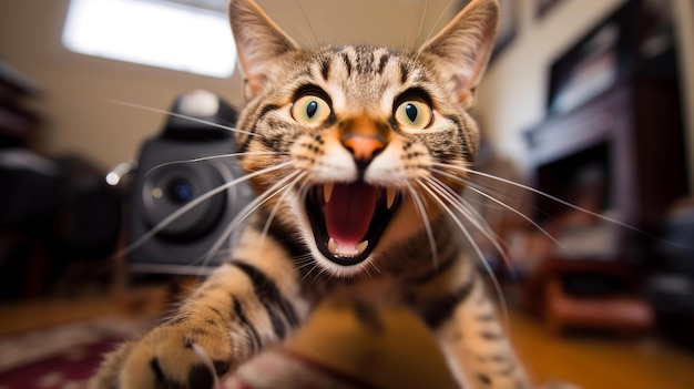 Ein Tier wie eine Katze macht ein urkomisches und unerwartet lustiges Gesicht, das von der KI erzeugt wurde