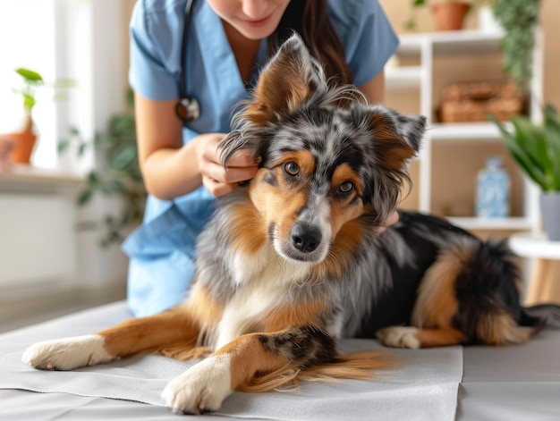 Foto ein tierarzt untersucht das ohr eines australischen schäferhundes