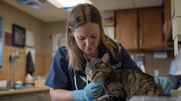 Ein Tierarzt untersucht eine Katze in einer Klinik. Der Tierarzt trägt blaue Schuppen und Handschuhe und hält den Kopf der Katze in den Händen.