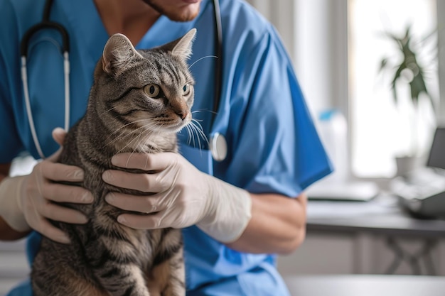 Ein Tierarzt untersucht eine Katze während einer Routineuntersuchung sorgfältig, um ihre Gesundheit und ihr Wohlbefinden zu gewährleisten Ein Tierarzte untersucht ein Haustier