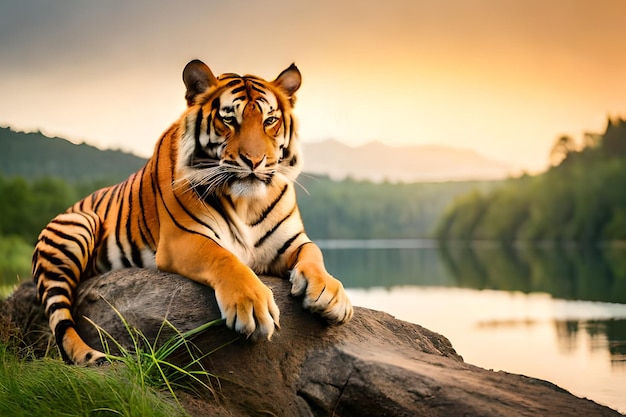 Ein Tiger auf einem Felsen an einem See