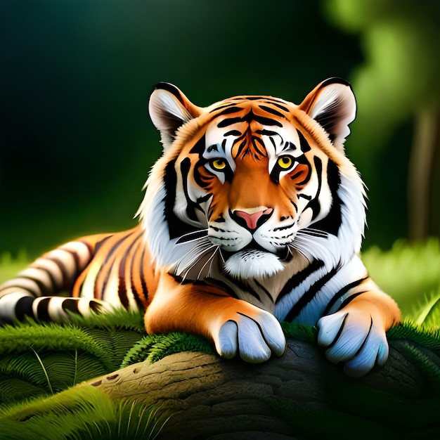 Ein Tiger, der auf einem Baumstamm mit grünem Hintergrund liegt.