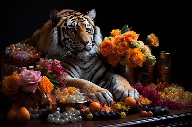 Foto ein tiger, der auf einem tisch mit blumen und früchten sitzt