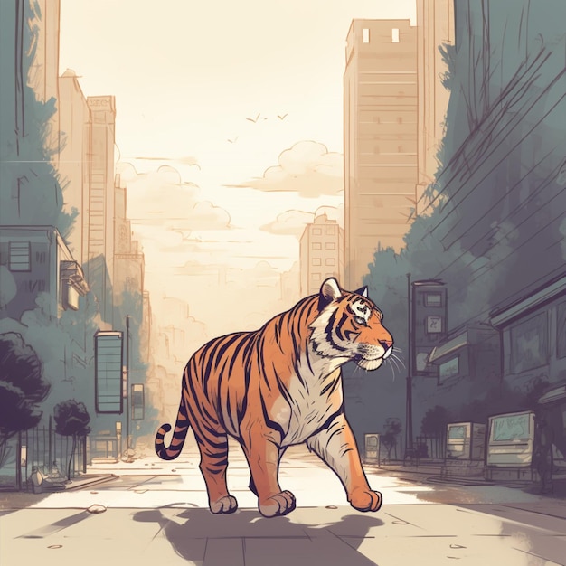 Ein Tiger, der eine Straße hinuntergeht, mit einer Stadt im Hintergrund.